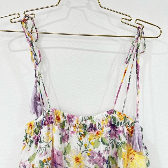 Floral Tassel Tie Mini Dress Multicolored Sheer Lined Tiered Shimmery - Picture 13 of 14